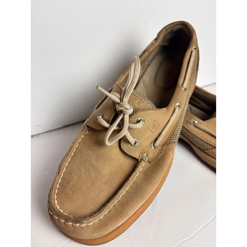 Sperry Top-Sider Men Tan Leather Mesh Boat Shoes Loafers Deck Fisherman Preppy 9